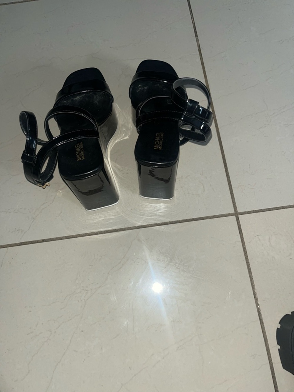 Michael Kors Black Patent Platform Sandals with Ankle Strap